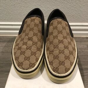 Gucci Men's Beige and Brown Monogram Slip-On Loafers